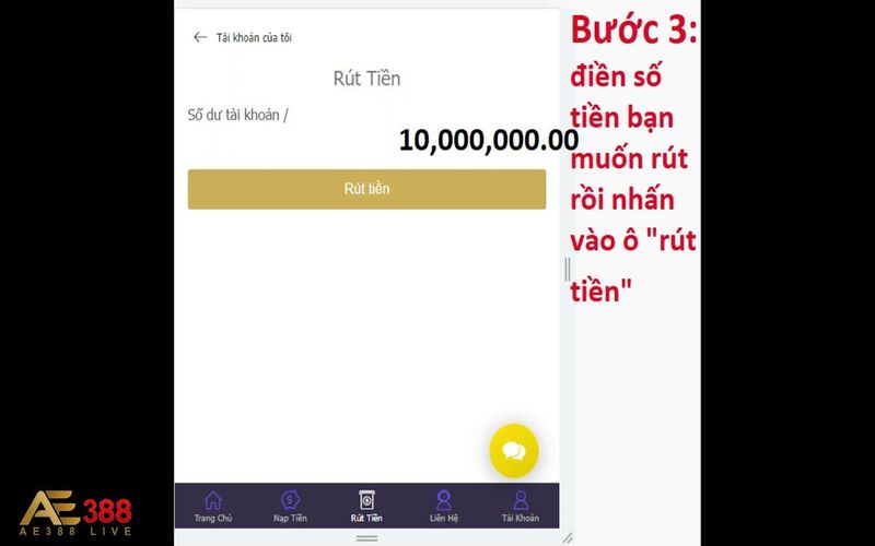 Tiến hành nhập số tiền theo cách rút tiền AE388 đã hướng dẫn