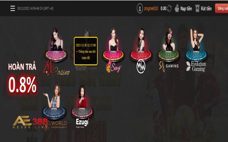 Sảnh Casino AE388 mang đem đến nhiều trò chơi hấp dẫn